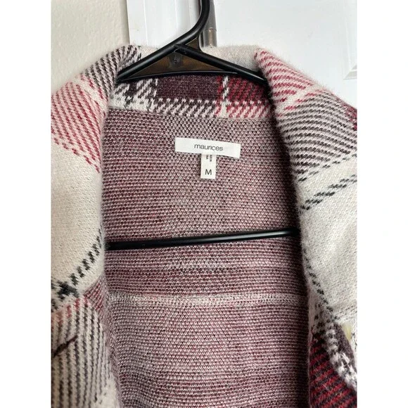 Maurices Plaid Academia Style Long Jacket Coat Red Ivory Open Front M - Picture 2 of 8